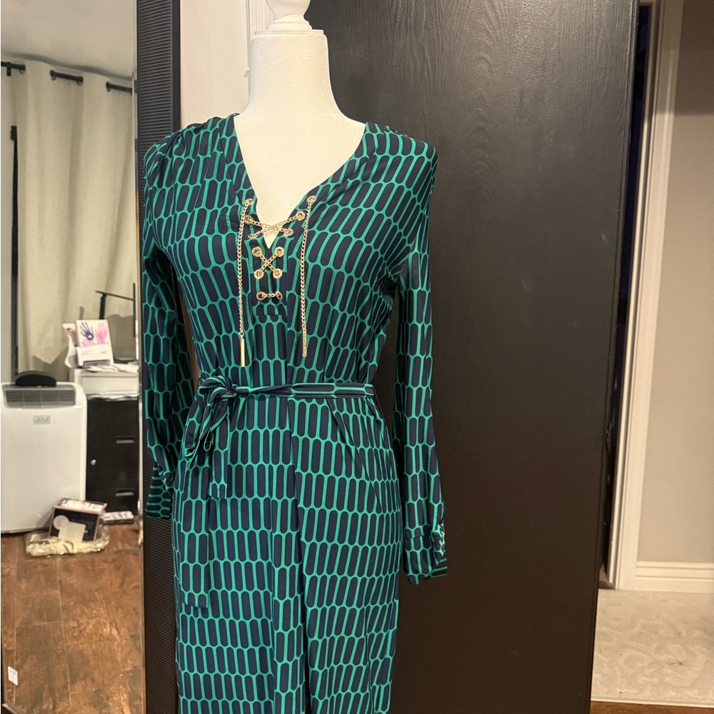 MICHAEL Michael Kors Green Patterned Long-Sleeve Lace-Up Belted Dress